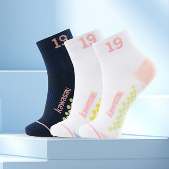 川崎（KAWASAKI）羽毛球袜袜子毛巾底运动短袜6208 粉蓝青 (三双装) 均码