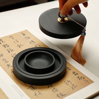 漢墨 火锅砚台 双圈天然原石毛笔书法盛墨汁用5寸墨海 文房四宝铜环砚台带盖墨池无盒款