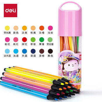 得力（deli）18色六角细杆水彩笔粉儿童可水洗创作画笔学生绘画彩虹筒6953女孩儿童水彩笔