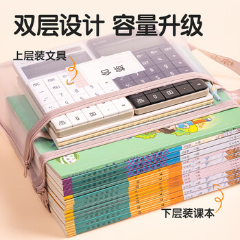 得力（deli）双层网纱拉链袋文件袋一年级文具袋透明学科分类袋 试卷作业科目袋 5科混装