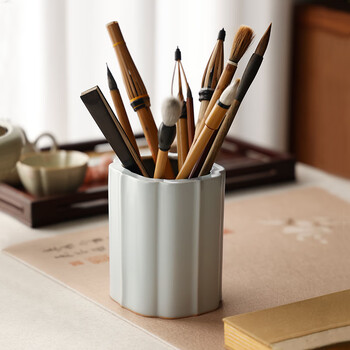 漢墨 汝窑海棠毛笔笔筒 大号容量陶瓷器学生毛笔收纳笔筒 文房四宝办公桌面高颜值瓷器摆件