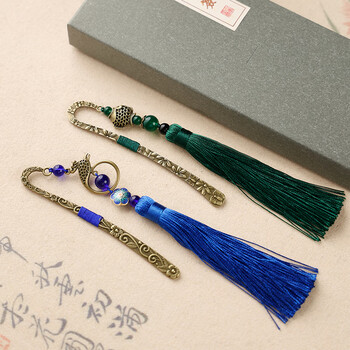 漢墨 复古风中国风铜艺书签 古典流苏绿花鲤鱼书签创意 礼物金属礼盒装