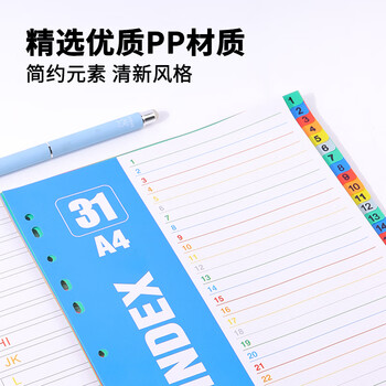 Touch Fish A4彩色纸质分页纸12页11孔索引纸彩色隔页纸12色分类纸隔页纸 有孔12色分页纸