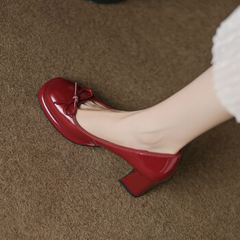 穿的鞋子女手工女鞋2024秋季新款蝴蝶结玛丽珍鞋女粗跟女靴酒红色38