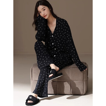 范琪玫莫代尔睡衣女春秋长袖黑色感家居服套装女款m6256l