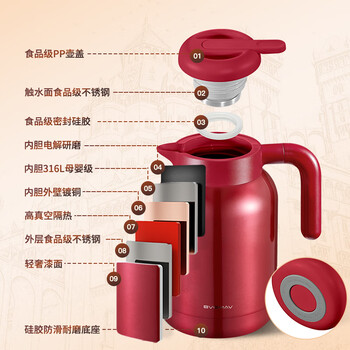 宝威玛（BVGMAV）保温壶保温水壶大容量316L不锈钢热水保温瓶家用高档水壶1.6L红