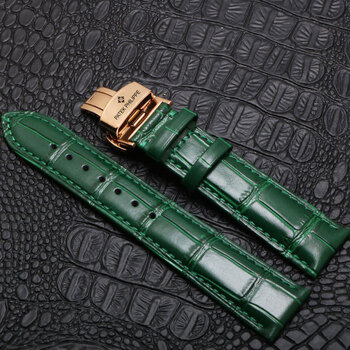 pp百达翡丽手表带原装真皮牛皮男女款蝴蝶扣表链钢带51465296 绿色