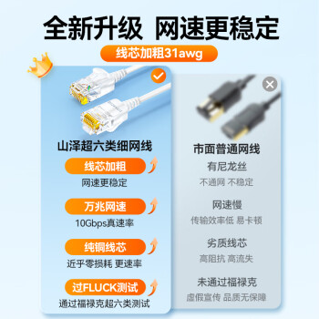 山泽超六类网线细线CAT6A类纯铜 万兆成品连接线 家用电脑宽带兼容千兆网络跳线 2米黑色 SZH-6020