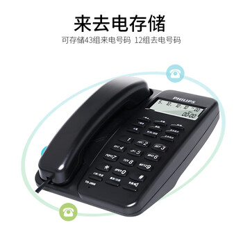 飞利浦（PHILIPS）电话机座机 固定电话 办公家用 免提通话 免电池 来电显示 TD-2808 (黑色)