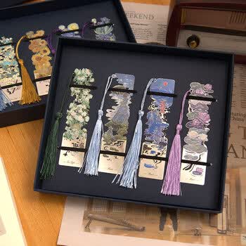 狮洛德 高档流苏金属书签礼物4枚名画油画毕业礼品书签学生奖品送同学伴手礼物  莫奈印象礼盒