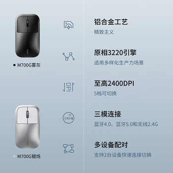 雷柏（Rapoo） M700G 无线蓝牙鼠标 办公鼠标 轻音鼠标 便携鼠标 人体工程学 电脑鼠标 笔记本鼠标 灰色