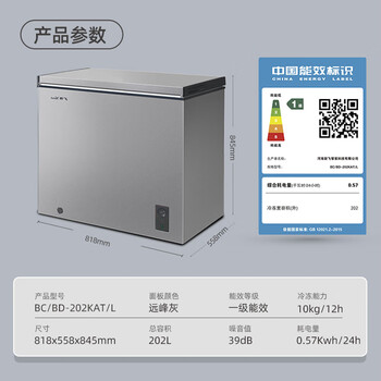 新飞（Frestec）202升减霜冷藏冷冻一级节能省电家用冷柜冰柜卧式冰箱BC/BD-202KAT/L灰