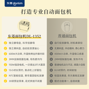 DonLim东菱面包机 厨师机 和面团3斤大容量大功率 可预约 可无糖家用 全自动智能双撒DL-1352灰色