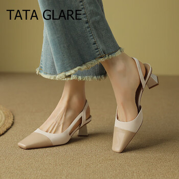 tataglare她他拼色羊皮包头凉鞋女方头粗跟小香风高跟鞋气质女神范