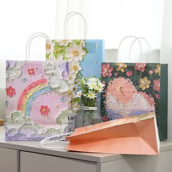 TaTanice礼品袋 生日礼物手提袋新年节日礼品收纳袋高级感购物包装袋可爱纸袋油画风景