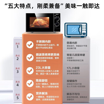 格兰仕（Galanz）微波炉烤箱一体机 平板式不锈钢内胆23升大容量家用光波炉机械旋钮操作简单G80F23SP-M8(S0)