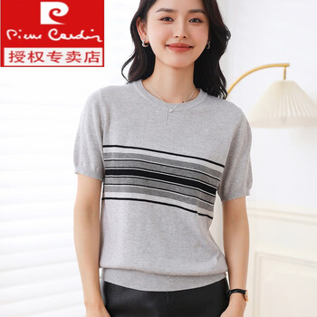 皮尔卡丹pierrecardin品牌纯棉条纹拼色短袖t恤针织衫女夏季圆领薄款
