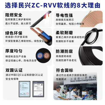 民兴电缆 1.5平方铜芯电线RVV二芯 2*1.5平方国标铜线护套线软线ZC-RVV-2*1.5平方-100米