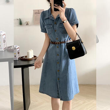 yzyu牛仔裙连衣裙薄款复古女2024气质收腰显瘦感牛仔女夏短袖蓝色配配
