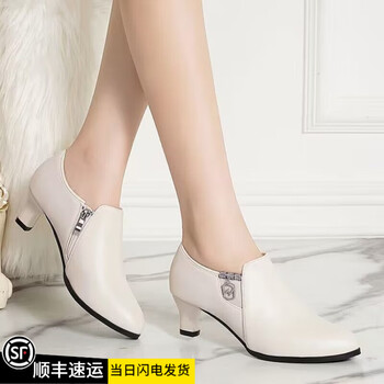 小回力家2024年春新款女鞋高跟细跟小皮鞋中跟性感百搭女单鞋米白色38