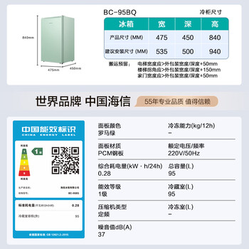 海信（Hisense）95升小型冰柜家用立式冰柜冷藏柜办公室冰吧厅吧 一级能效出租房酒店小型冰箱 复古罗马绿 BC-95BQ