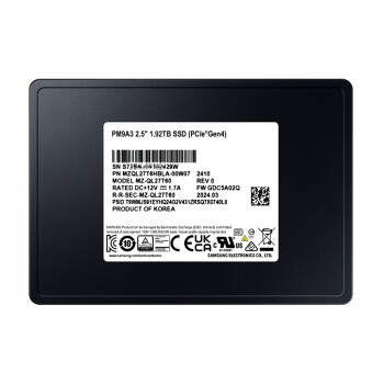 三星（SAMSUNG）7.68TB企业级SSD固态硬盘 U.2接口(NVMe协议PCIe 4.0x4)PM9A3（MZ-QL27T600/MZQL27T6HBLA-00W07）