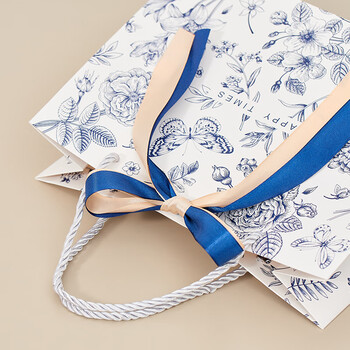 欧利文伴手礼小号包装袋中号纸袋手提袋儿童生日礼物袋子高档精致丝带礼品袋18x16x10cm 宝蓝紫幻4个装