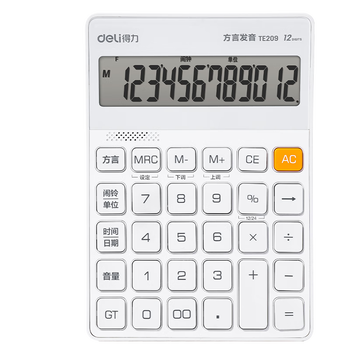 得力（deli）金属面板语音计算器 方言功能 简约轻薄机身 现代办公风格12位大屏数显 TE209浅灰