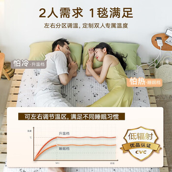 彩虹电热毯双人电褥子双控双温加热毯除螨定时自动断电暖床电暖毯子 180*150cm单面棉【花色随机】
