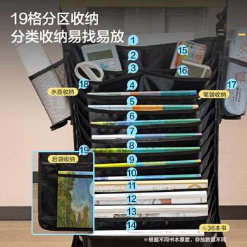 得力（deli）挂书袋课桌书挂袋 升级款交叉收纳书桌挂袋 书袋 学生书本收纳神器 加厚款十六层 黑色开学必备