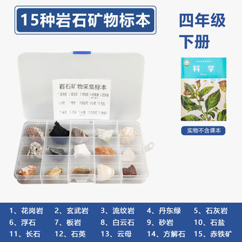 舜江 矿物岩石标本 花岗岩砂岩岩盐云母薄片长石石英有小孔的岩石有条纹的岩石 15种塑料盒装+放大镜