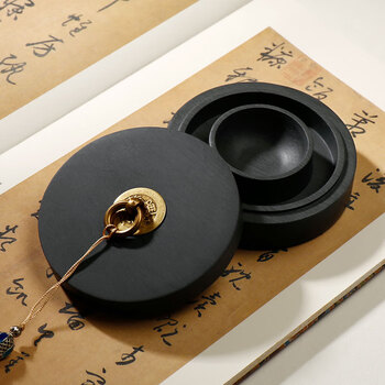 漢墨 火锅砚台 双圈天然原石毛笔书法盛墨汁用4寸墨海 文房四宝防蒸发砚台带盖墨池无盒款