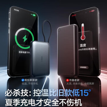 图拉斯【3c认证超轻薄快充】充电宝自带线20000/10000毫安小巧便携可上飞机高铁 2万毫安丨16/15/华为通用【深空灰】 【5A级性能认证】低温安全快充丨3C认证