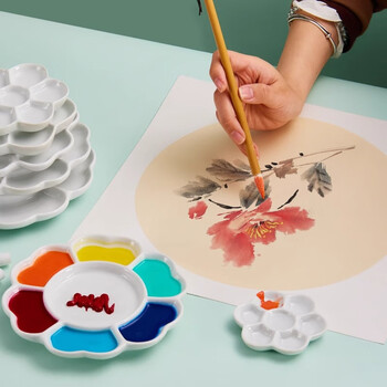 玉水湖陶瓷梅花油画调色板美术生调色盘油画棒颜料盘画盘水粉丙烯儿童国画工具水彩中国画瓷盘 7寸调色盘
