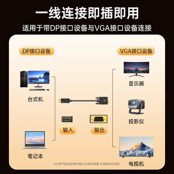 毕亚兹 DP转VGA转换线 主动式DisplayPort转VGA公对公转接线 电脑投影仪显示器高清视频连接线 1.8米