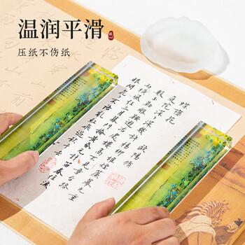 梅林笔庄水晶镇尺千里江山图国画中国风文创玻璃透明琉璃镇纸压画压书压纸书房摆件书法工具用品配件20cm