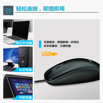 罗技 有线鼠标 全尺寸办公鼠标企业级即插即用舒适办公 M100/M100R 黑色