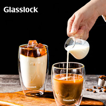 GLASSLOCK杯子双层咖啡玻璃杯耐热防烫透明拿铁牛奶家用水杯简约无柄475ml