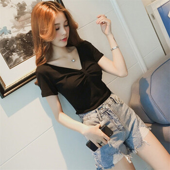 yvl爱依服官方新款白色短袖t恤女夏季女装v领修身显瘦设计感上衣性