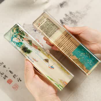 漢墨 水晶清明上河图镇尺 镇纸可做笔搁毛笔架书法法压尺文镇 文房四宝礼品摆件礼盒装