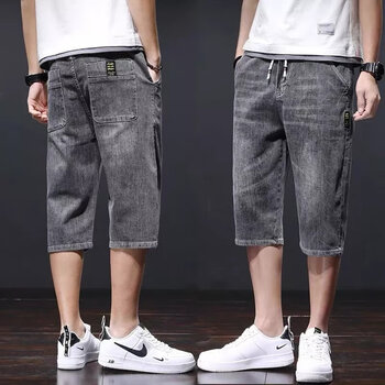 ifiz七分牛仔短裤男夏季薄款宽松哈伦韩版潮流休闲弹力潮牌7分中裤子
