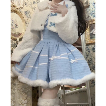 浅思念元旦衣服日常洛丽塔甜美秋冬毛绒蝴蝶结外套收腰显瘦在逃公主裙