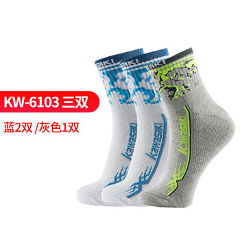 川崎（KAWASAKI）羽毛球袜袜子男毛巾底跑步运动中袜6103（三双装) 蓝灰 均码