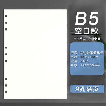 朗捷 B5活页本替换内芯9孔活页纸笔记本本子替换内页空白内芯80张/本可定制