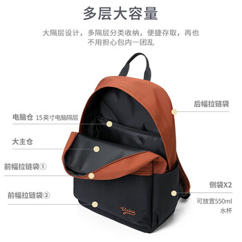 第九城（V.NINE）双肩包男女士14/15英寸笔记本电脑背包撞色学生书包出差旅行包
