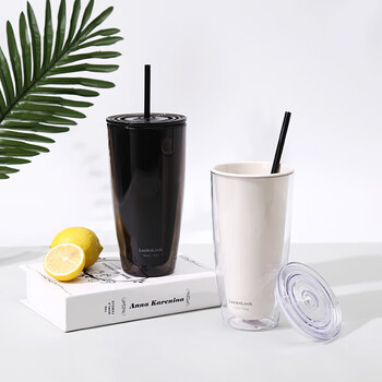 乐扣乐扣（LOCK&LOCK）双层吸管塑料杯学生上班族夏日大容量畅饮便携水杯750ML黑色 