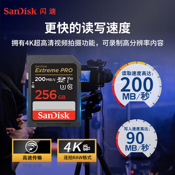 闪迪（SanDisk）存储卡256GB 4K SD内存卡V30 U3 C10相机存储卡 读200MB/s 写140MB/s 微单/单反相机存储卡/内存卡
