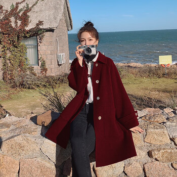 大衣女秋冬加长款外套女中长款小个子气质宽松时尚呢子酒红色升级加厚