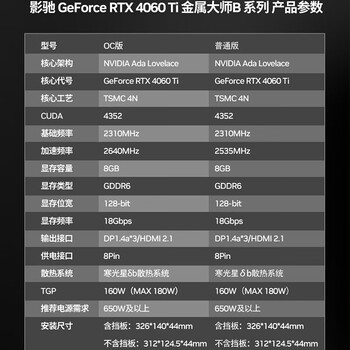 影驰 GeForce RTX4060 Ti DLSS3 AI绘图设计渲染电竞台式机电脑显卡 RTX4060 Ti 金属大师B OC 黑武士