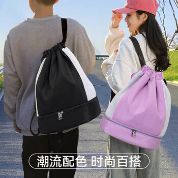 VICTORIATOURIST运动包男女抽绳运动健身背包干湿分离游泳包篮球训练束口双肩包黑